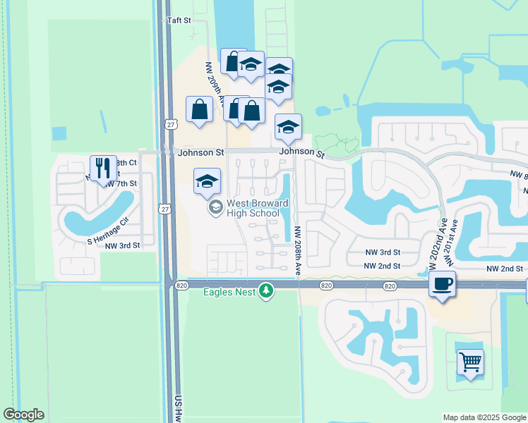 map of restaurants, bars, coffee shops, grocery stores, and more near 20845 Northwest 4 Street in Pembroke Pines