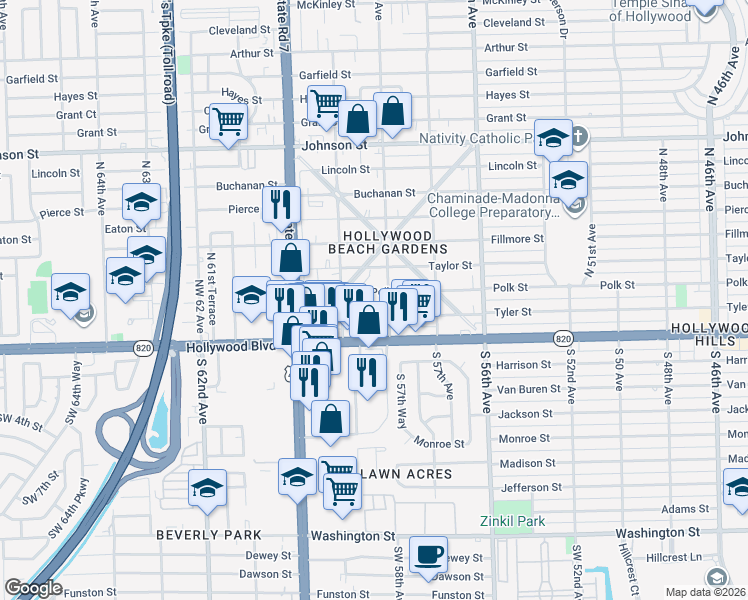 map of restaurants, bars, coffee shops, grocery stores, and more near 5751 Tyler Street in Hollywood