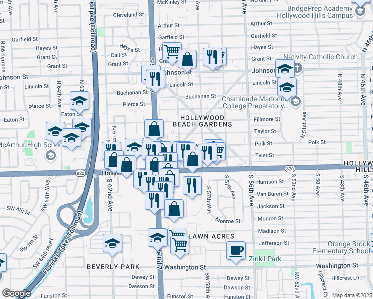 map of restaurants, bars, coffee shops, grocery stores, and more near 5832 Polk Street in Hollywood