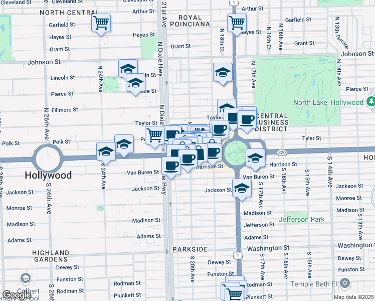 map of restaurants, bars, coffee shops, grocery stores, and more near 2001 Hollywood Boulevard in Hollywood