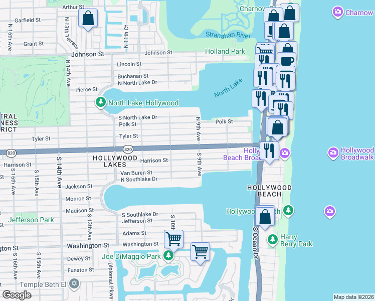 map of restaurants, bars, coffee shops, grocery stores, and more near 923 Harrison Street in Hollywood