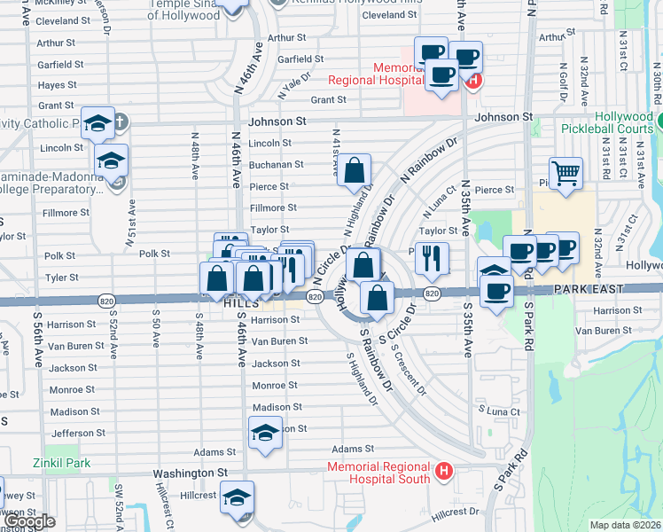 map of restaurants, bars, coffee shops, grocery stores, and more near 4122 North Circle Drive in Hollywood