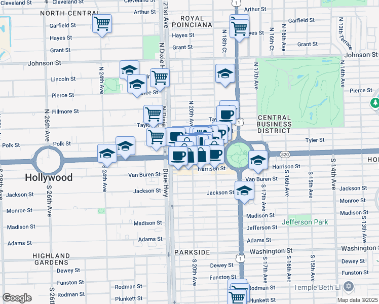 map of restaurants, bars, coffee shops, grocery stores, and more near 2001 Hollywood Boulevard in Hollywood