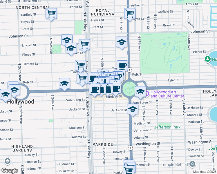 map of restaurants, bars, coffee shops, grocery stores, and more near 1937 Florida 820 in Hollywood