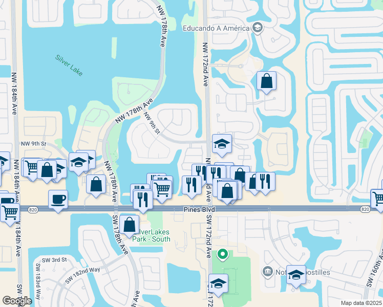 map of restaurants, bars, coffee shops, grocery stores, and more near 17275 Northwest 7th Street in Pembroke Pines