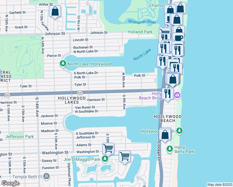 map of restaurants, bars, coffee shops, grocery stores, and more near 923 Harrison Street in Hollywood