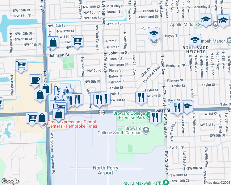 map of restaurants, bars, coffee shops, grocery stores, and more near 7500 Polk Street in Hollywood