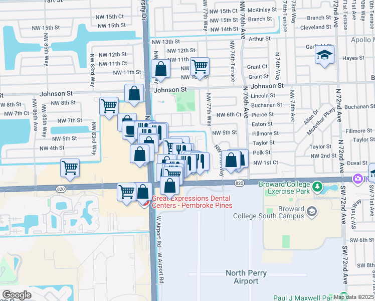 map of restaurants, bars, coffee shops, grocery stores, and more near 7850 Northwest 3rd Street in Pembroke Pines