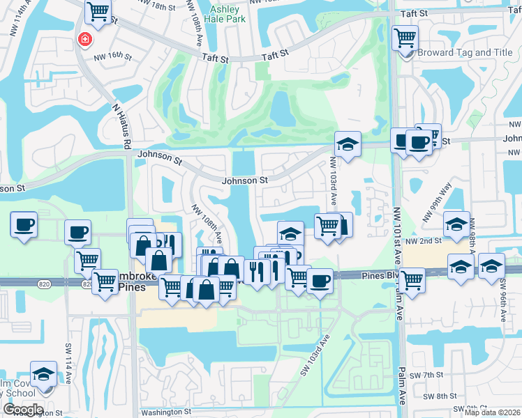 map of restaurants, bars, coffee shops, grocery stores, and more near 450 Northwest 106th Terrace in Pembroke Pines