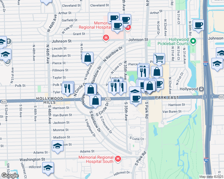 map of restaurants, bars, coffee shops, grocery stores, and more near 3785 Tyler Street in Hollywood