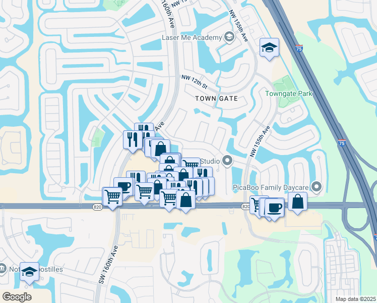 map of restaurants, bars, coffee shops, grocery stores, and more near 15899 Northwest 4th Court in Pembroke Pines