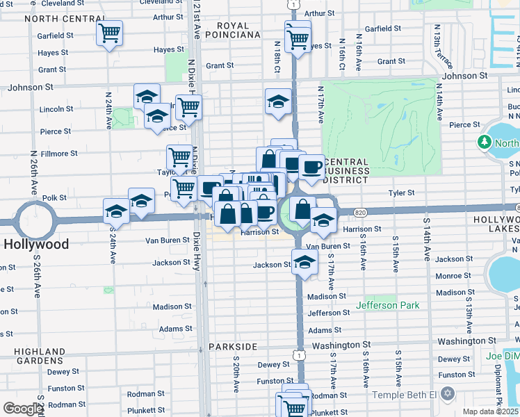map of restaurants, bars, coffee shops, grocery stores, and more near 1909 Hollywood Boulevard in Hollywood