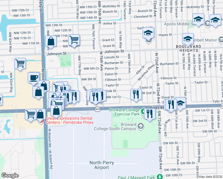 map of restaurants, bars, coffee shops, grocery stores, and more near 7500 Polk Street in Hollywood