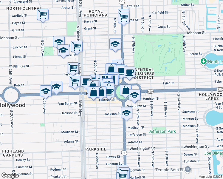 map of restaurants, bars, coffee shops, grocery stores, and more near 1885 Hollywood Boulevard in Hollywood