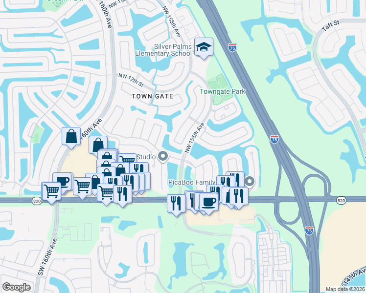map of restaurants, bars, coffee shops, grocery stores, and more near 601 Northwest 155th Terrace in Pembroke Pines