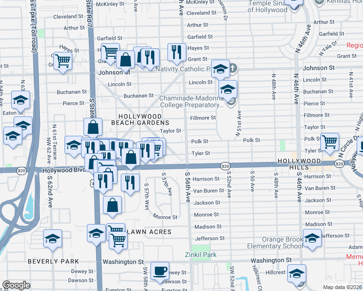 map of restaurants, bars, coffee shops, grocery stores, and more near 203 Glenn Parkway in Hollywood