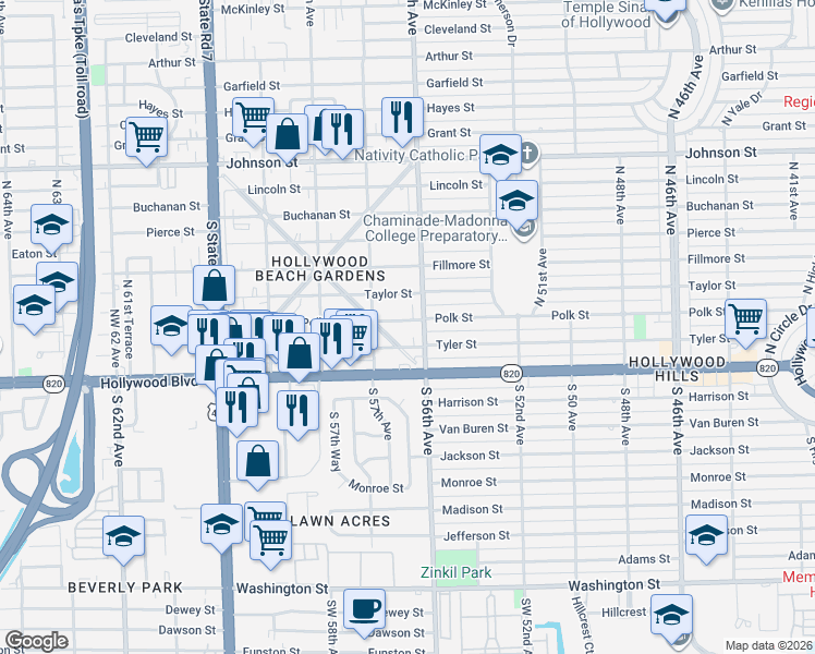 map of restaurants, bars, coffee shops, grocery stores, and more near 205 Glenn Parkway in Hollywood