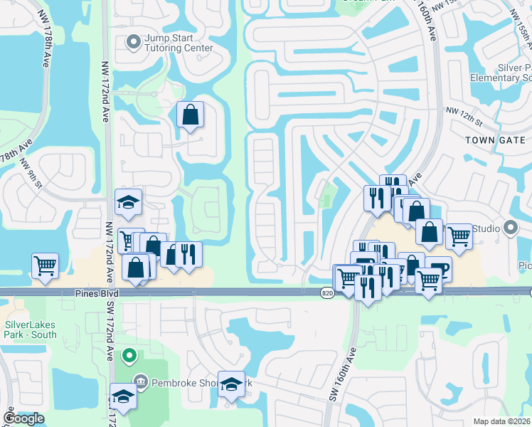 map of restaurants, bars, coffee shops, grocery stores, and more near 16550 Northwest 5th Court in Pembroke Pines