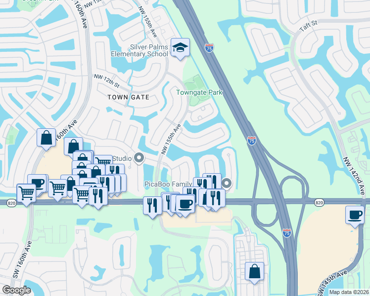 map of restaurants, bars, coffee shops, grocery stores, and more near 15340 Northwest 6th Court in Pembroke Pines