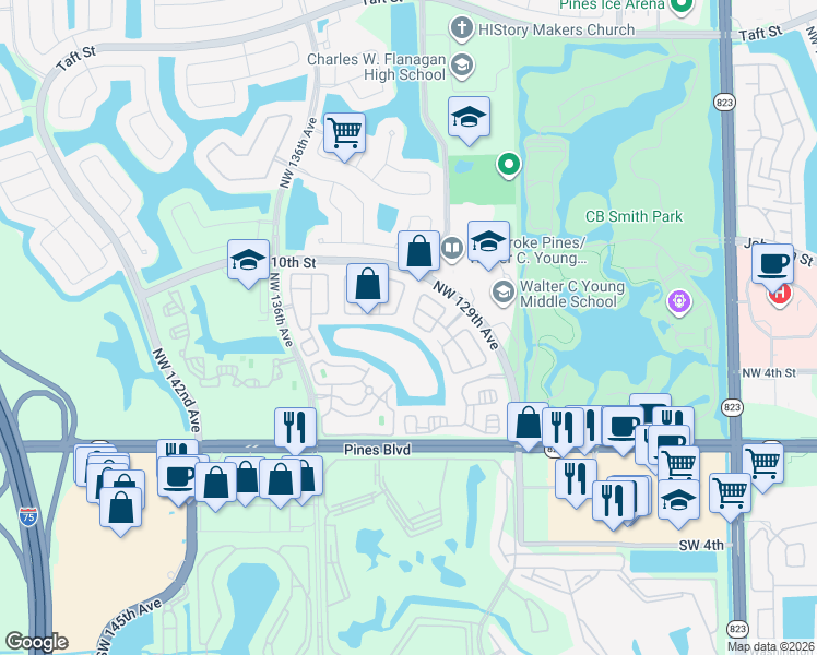 map of restaurants, bars, coffee shops, grocery stores, and more near 13083 Northwest 7th Street in Pembroke Pines