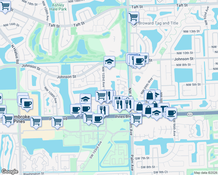 map of restaurants, bars, coffee shops, grocery stores, and more near 401 Northwest 103rd Avenue in Pembroke Pines