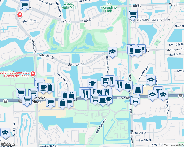map of restaurants, bars, coffee shops, grocery stores, and more near 10500 Northwest 6th Street in Pembroke Pines