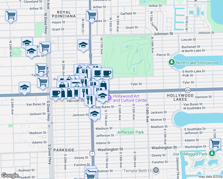 map of restaurants, bars, coffee shops, grocery stores, and more near in Hollywood