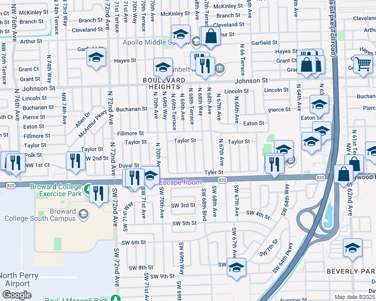 map of restaurants, bars, coffee shops, grocery stores, and more near 251 North 69th Terrace in Hollywood