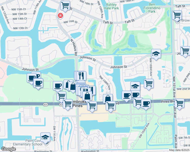 map of restaurants, bars, coffee shops, grocery stores, and more near 341 Northwest 8th Street in Pembroke Pines