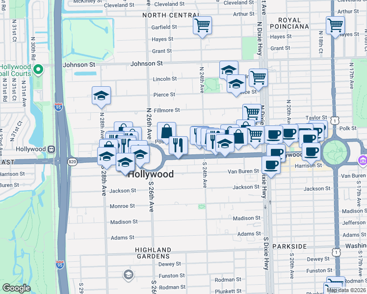 map of restaurants, bars, coffee shops, grocery stores, and more near 2475 Hollywood Boulevard in Hollywood