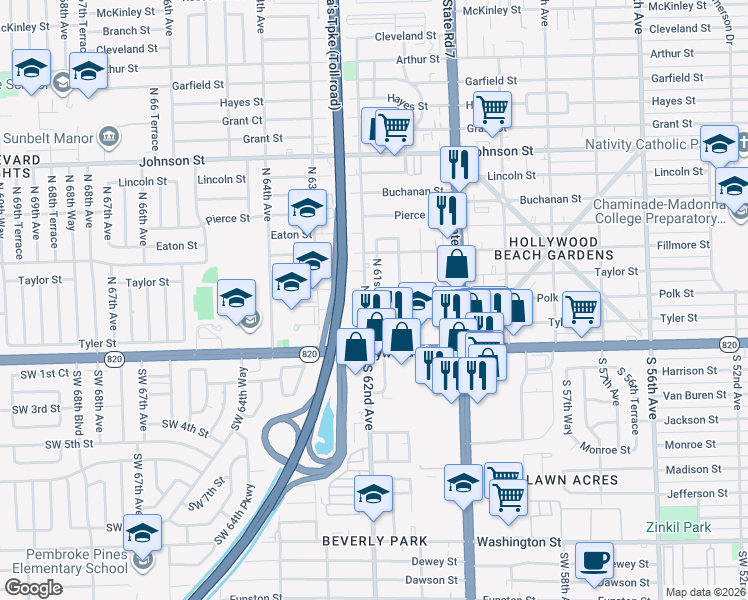 map of restaurants, bars, coffee shops, grocery stores, and more near 215 North 61st Terrace in Hollywood
