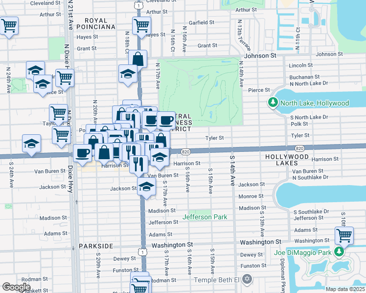 map of restaurants, bars, coffee shops, grocery stores, and more near 1558 Hollywood Boulevard in Hollywood