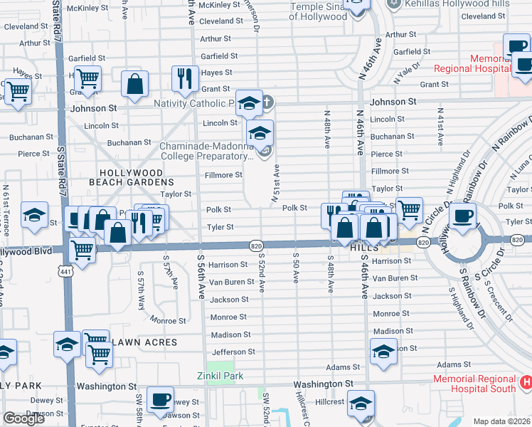 map of restaurants, bars, coffee shops, grocery stores, and more near 200 North 52nd Avenue in Hollywood