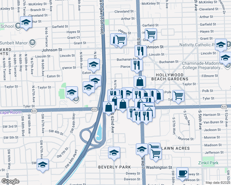 map of restaurants, bars, coffee shops, grocery stores, and more near 215 North 61st Terrace in Hollywood