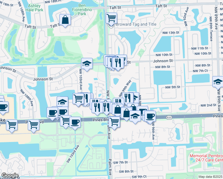 map of restaurants, bars, coffee shops, grocery stores, and more near 371 Northwest 101st Terrace in Pembroke Pines