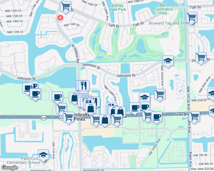 map of restaurants, bars, coffee shops, grocery stores, and more near 372 Northwest 107th Avenue in Pembroke Pines