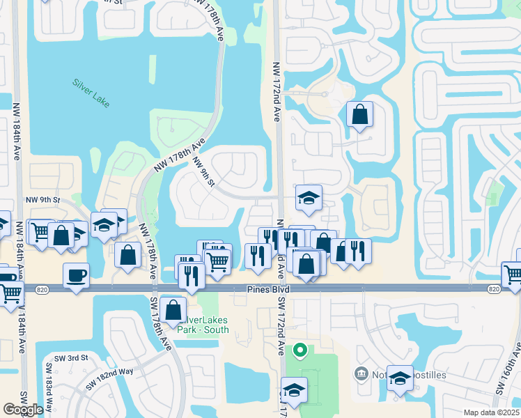 map of restaurants, bars, coffee shops, grocery stores, and more near 17214 Northwest 7th Street in Pembroke Pines