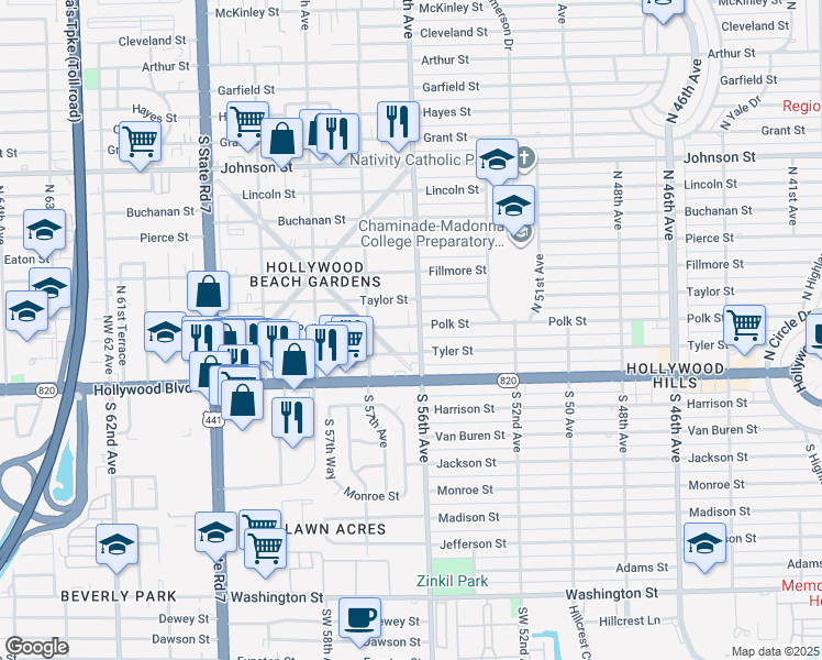 map of restaurants, bars, coffee shops, grocery stores, and more near 5602 Polk Street in Hollywood