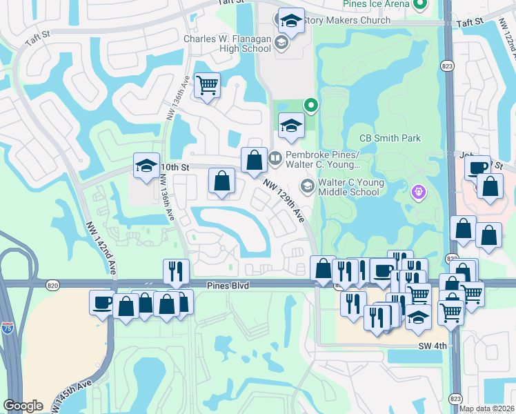 map of restaurants, bars, coffee shops, grocery stores, and more near 13031 Northwest 5th Court in Pembroke Pines