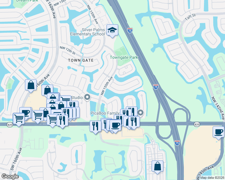 map of restaurants, bars, coffee shops, grocery stores, and more near 15350 Northwest 6th Court in Pembroke Pines