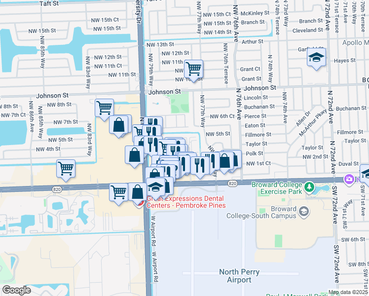 map of restaurants, bars, coffee shops, grocery stores, and more near 36 Northwest 78th Terrace in Pembroke Pines
