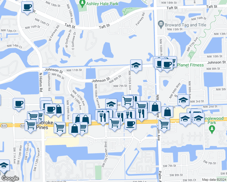 map of restaurants, bars, coffee shops, grocery stores, and more near 10500 Northwest 6th Street in Pembroke Pines