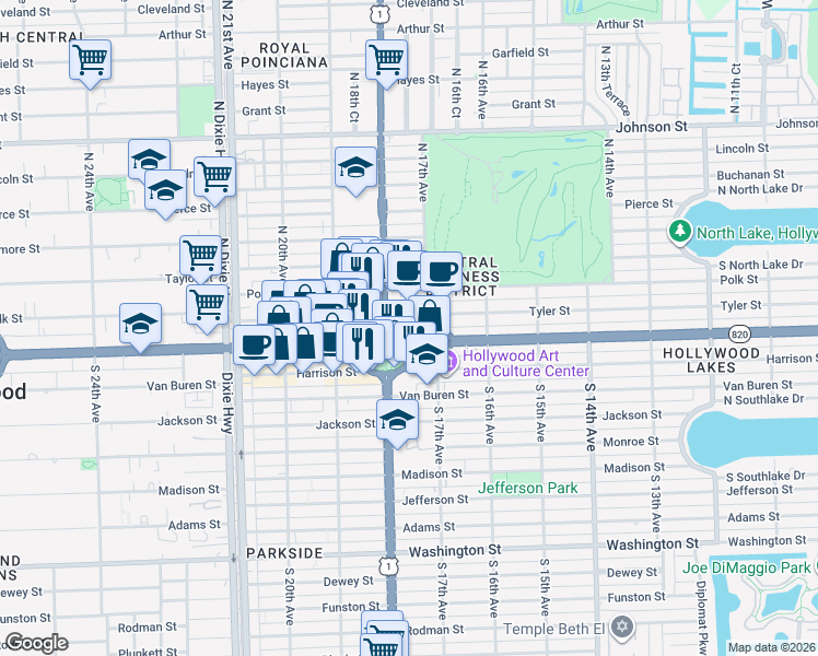 map of restaurants, bars, coffee shops, grocery stores, and more near 1725 East Young Circle in Hollywood