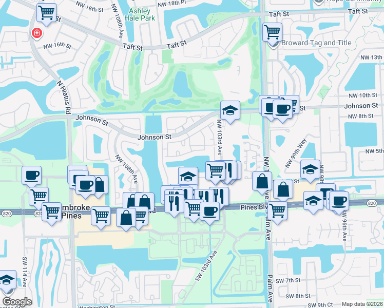 map of restaurants, bars, coffee shops, grocery stores, and more near 10500 Northwest 6th Street in Pembroke Pines