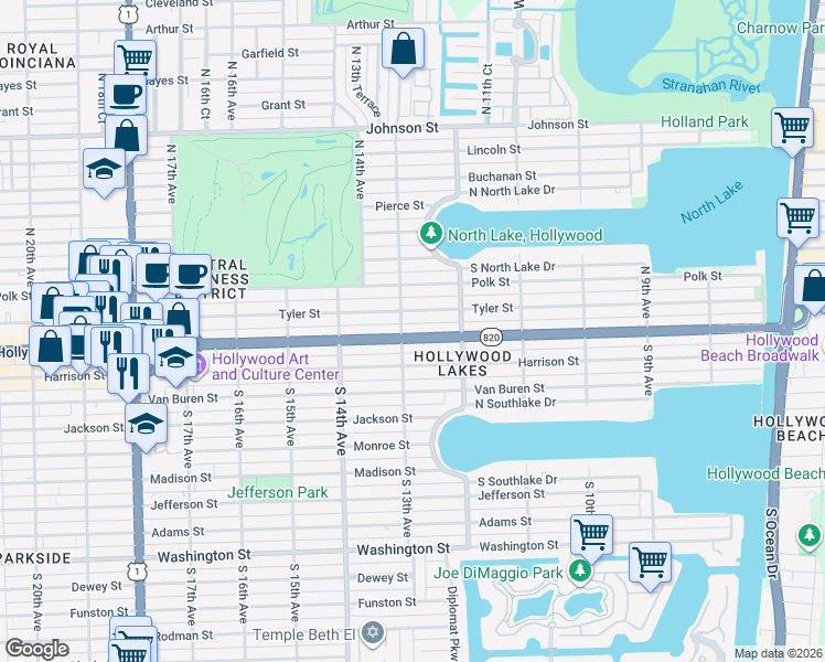 map of restaurants, bars, coffee shops, grocery stores, and more near 1230 Hollywood Boulevard in Hollywood