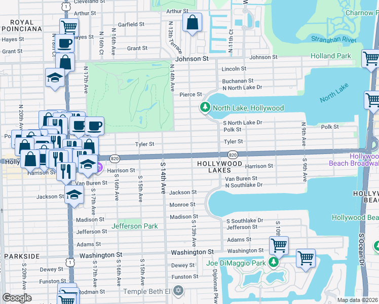 map of restaurants, bars, coffee shops, grocery stores, and more near 1308 Hollywood Boulevard in Hollywood
