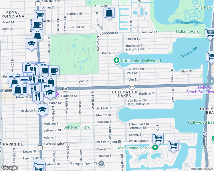 map of restaurants, bars, coffee shops, grocery stores, and more near 1308 Hollywood Boulevard in Hollywood