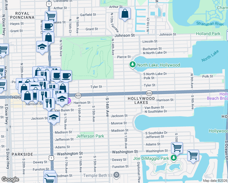 map of restaurants, bars, coffee shops, grocery stores, and more near 1348 Hollywood Boulevard in Hollywood