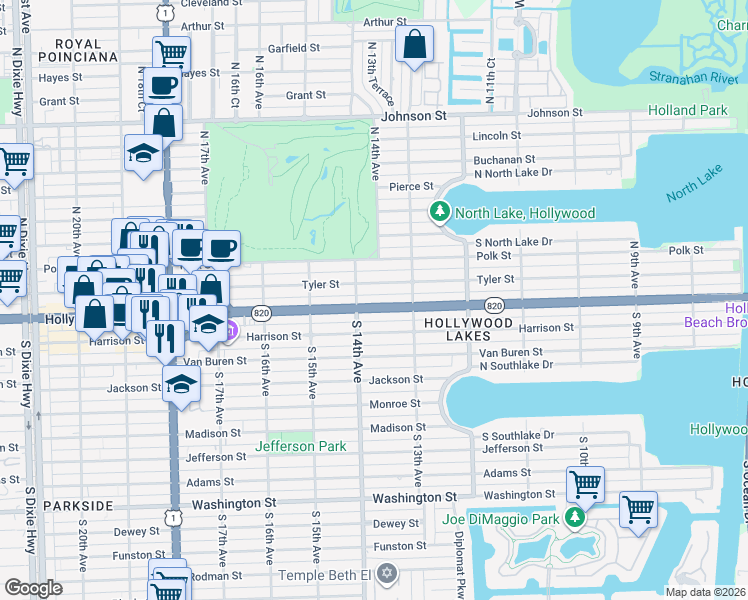 map of restaurants, bars, coffee shops, grocery stores, and more near 1348 Hollywood Boulevard in Hollywood
