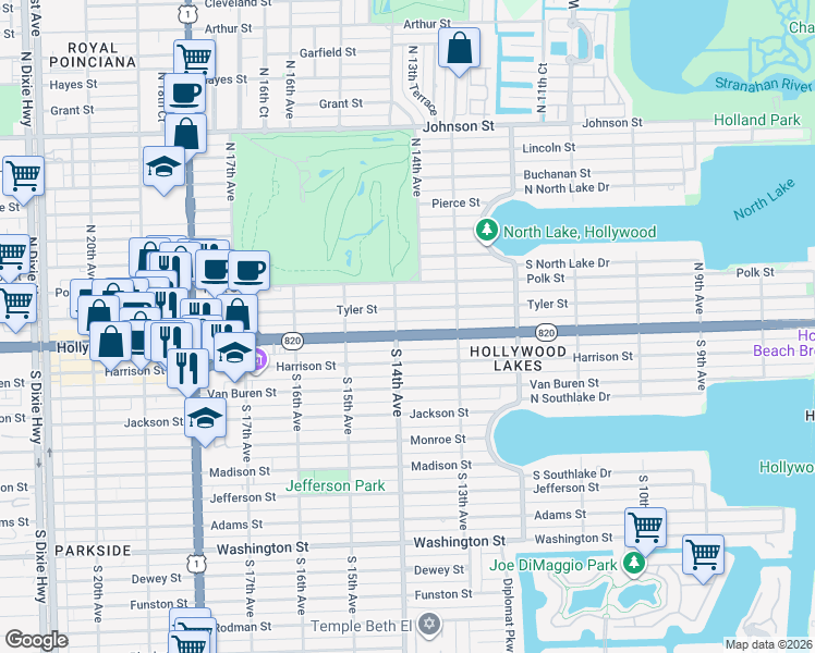 map of restaurants, bars, coffee shops, grocery stores, and more near 1348 Hollywood Boulevard in Hollywood